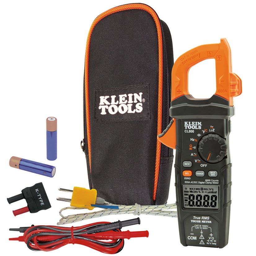 Klein CL800 AC Auto-Ranging Low Impedance Mode Auto Off Digital Clamp Meter, 1000 V AC/DC, 600 A, 60 MOhm, 50 to 400 Hz, 1-3/8 in Jaw, LCD Display